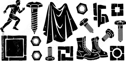 Black and white stencil-style vector set, industrial silhouettes, running figure, screws, bolts, boots, mechanical parts for signage, artwork, and design themes
