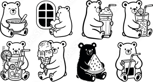 Black and white cartoon style bears eating ice cream watermelon and drinking juice sitting in various poses isolated on white background