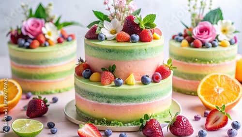 Layered Cakes with Fresh Fruit and Flowers A Delightful Dessert Presentation