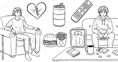Black and white line art portrait of sad woman and man sitting on chair and couch with food icons and broken heart symbol