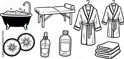 Black and white line art spa therapy illustration with massage table bathtub bathrobes cucumbers and towels