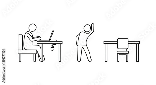 Stick figures working and stretching at desks.