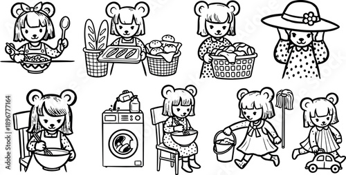 Black and white line art bear girl cooking baking washing cleaning playing with toy car daily activities