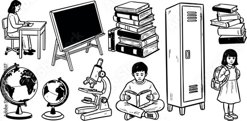 Black and white line art illustration of children reading and studying with school supplies and globes in classroom scene