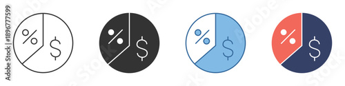 A versatile collection of pie chart icons depicting financial data analysis, illustrating business percentages, and monetary distribution for various reports and digital infographics