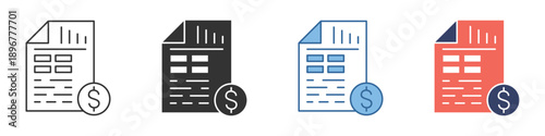 Financial document icon set with currency symbol, ideal for accounting, billing, and payment systems. Represents reports, invoices, and transactions