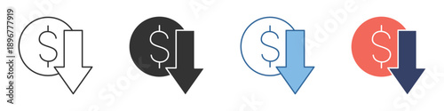 Dynamic collection of sleek graphic symbols representing financial cost reduction, price depreciation, and budget savings, suitable for various economic contexts and economic analysis