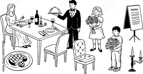 Black and white line art illustration of waiter serving cloche to seated woman with girl holding flowers and boy carrying books in restaurant scene