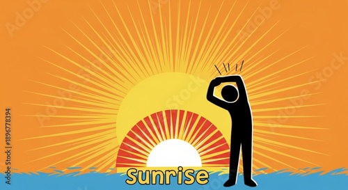 Person stretching at sunrise over water.