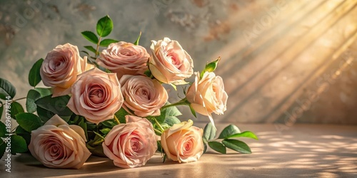 A radiant bouquet of delicate blush roses bathed in warm sunlight, resting on a smooth surface