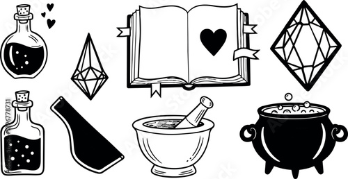Black and white mystical witchcraft icons with potion bottles open book cauldron and crystals set