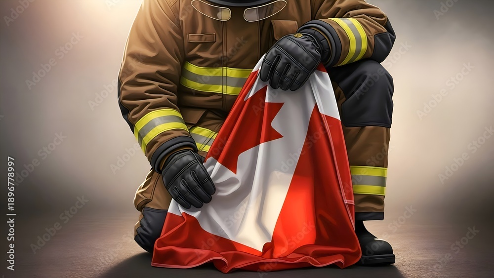 Obraz premium Firefighter Holding Canadian Flag Symbolizing Courage, Rescue, and National Pride