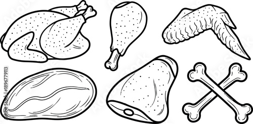 Black and white line art set of various chicken parts including whole bird, drumstick, wing, breast, thigh and crossed bones illustration