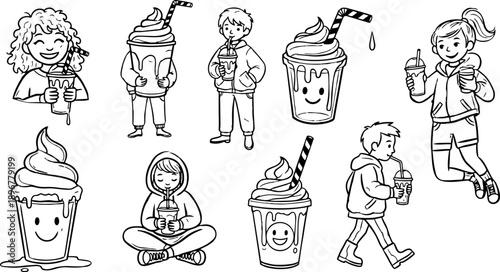 Whimsical line art illustration of smiling milkshake cups and kids sipping frappes in poses, close up, playful black and white scene