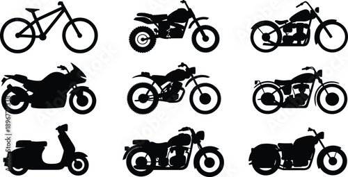 Motorcycle and Bicycle Silhouette Vector Set: Collection of Motorbike Outlines, Classic Choppers, Dirt Bikes, Scooters, and Sport Bike Graphic Icons