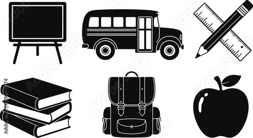Back to School Education Icon Set: Minimalist Black Silhouette Vector Collection of School Bus, Blackboard, Stack of Books, Backpack, and Pencil