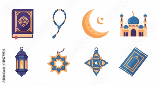 Islamic symbols and artifacts including Quran, rosary, crescent moon, mosque, lantern, and prayer rug, depicted in a flat design illustration.