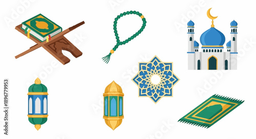 Islamic Cultural Symbols and Artifacts Including Mosque and Prayer Mat in a Serene Environment