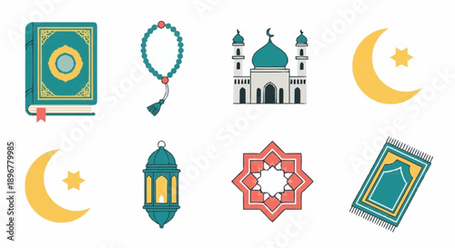 Collection of Islamic symbols and icons including mosque, crescent moon, prayer book, and rosary beads, representing faith and spirituality in a flat design.