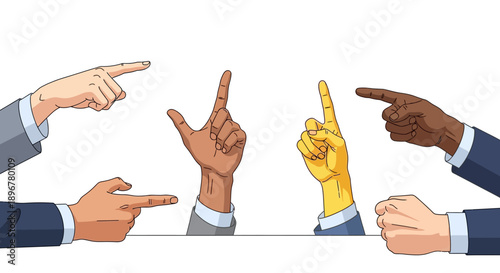Diverse Group of Hands Pointing and Gesturing Direction. Cartoon Illustration Representing Multicultural Communication, Blame, or Decision Making.