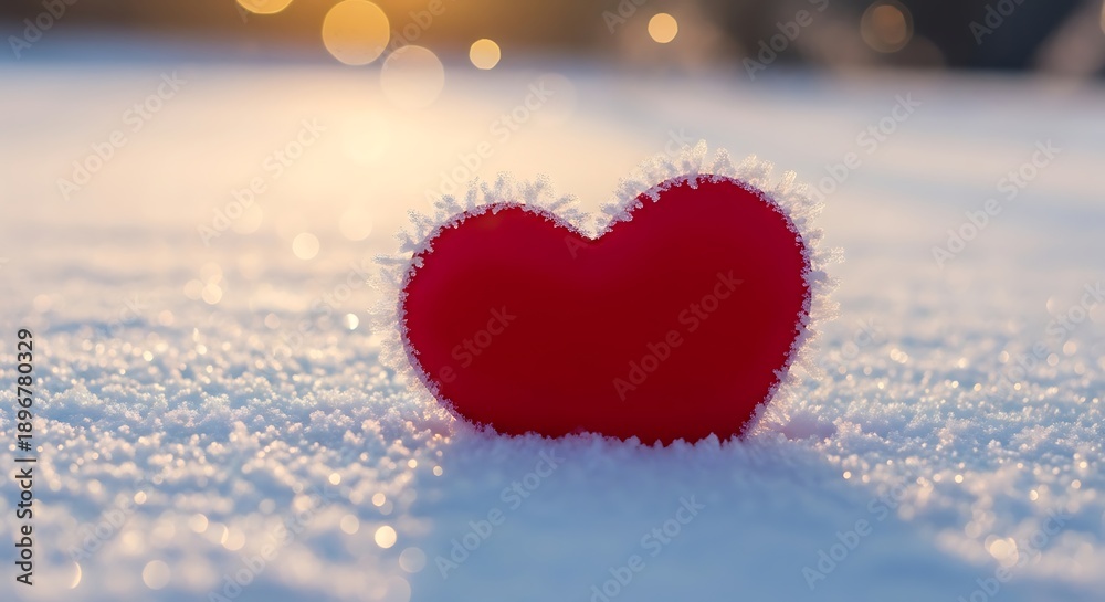 Fototapeta premium Red Heart Shaped Object in Snowy Landscape at Sunset with Frosty Edges