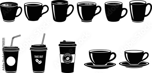 Coffee cup icon set, take-out and mug styles, black and white vector, cafe branding symbols, beverage container illustration, drinkware design elements