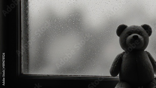 A teddy bear sits by a rain-streaked window, gazing out at the blurred, monochrome world