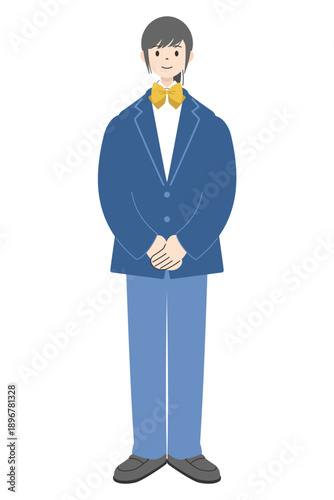 制服を着て立つポニーテールヘアの女子高校生の全身イラスト