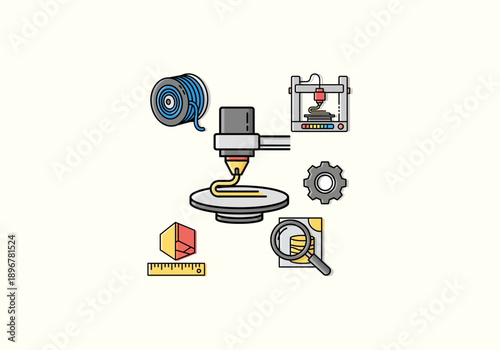 Vector Design Icon Concept Detailed Illustration of a 3D Printer in Operation, Printing a Curved Line.