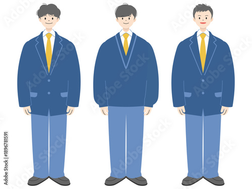 制服を着て立つ3人の男子高校生の全身イラスト｜セット