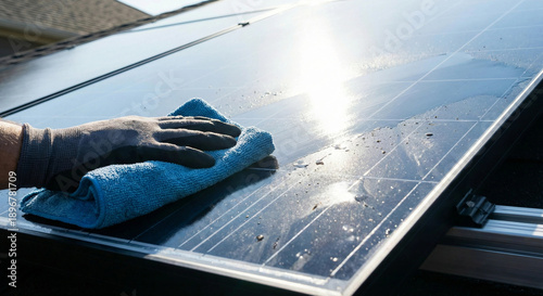 Wallpaper Mural Gloved hand cleaning dust from solar panel surface with blue microfiber cloth Torontodigital.ca