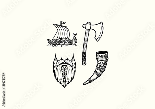 Vector Design Icon Concept Detailed Viking cultural elements set - longship, battle axe, braided beard, and ornate drinking horn.