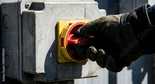 Wallpaper Mural Gloved hand turning red rotary safety isolator switch on industrial box Torontodigital.ca