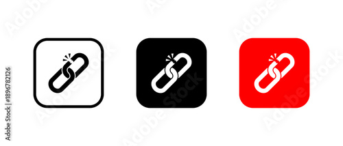 Broken chain link icon in square. Disconnected connection symbol. Hyperlink damage sign