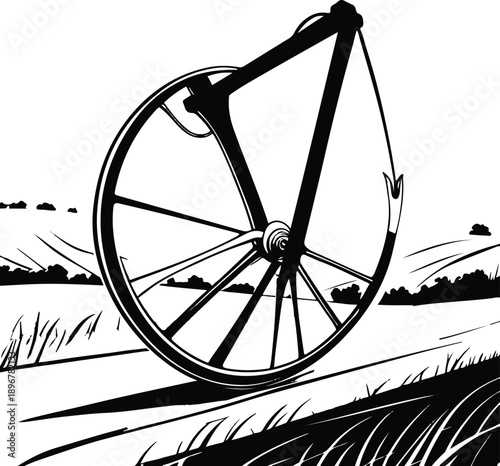 Manual ploughing tool illustration, simple line art, agriculture theme