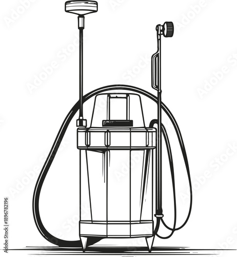 Handheld crop sprayer line art illustration, thin stroke, no fill, minimal agricultural tool vector 1