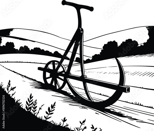 Manual ploughing tool illustration, simple line art, agriculture theme 2