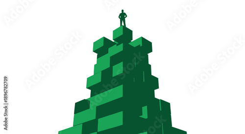 Achievement Pinnacle: Businessman Silhouette on Top of Green Tower of Cubes. Concept of Leadership, Success, and Building Strategy.