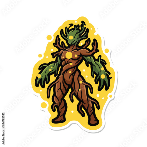 A cartoon tree creature with green leaves