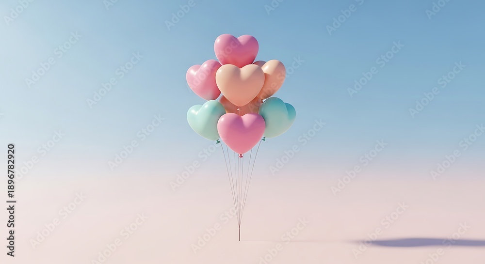 Fototapeta premium Pastel Heart-Shaped Balloons Floating in Clear Blue Sky with Soft Pink Ground