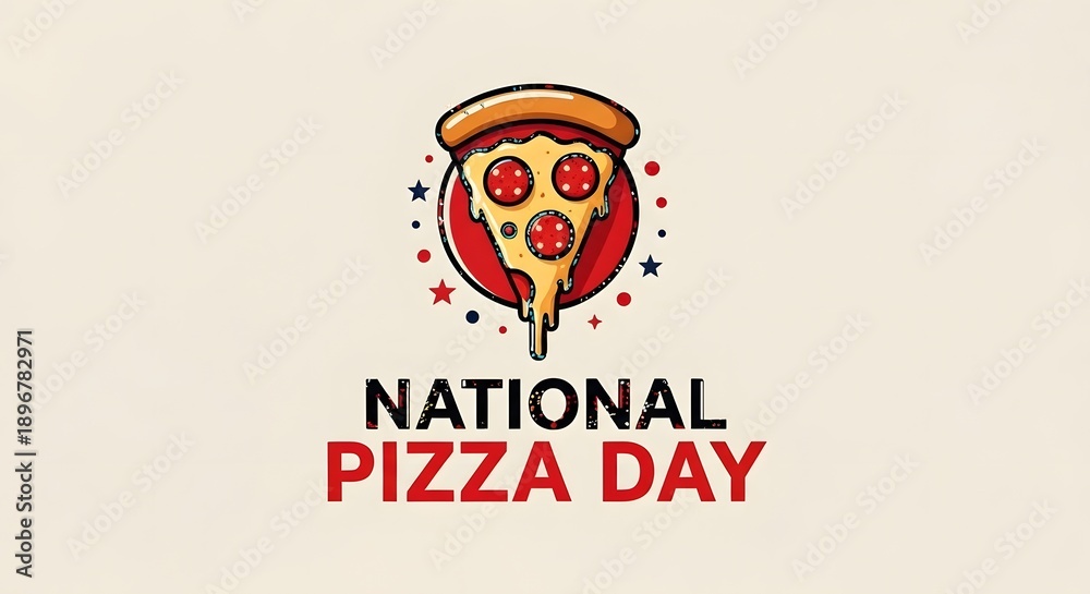 Fototapeta premium National pizza day logo with a slice of pizza and festive design elements on a beige background