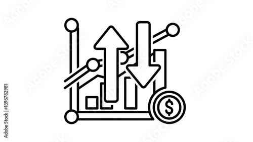Up and Down Financial Graph with Dollar Coin Icon, Business Growth and Decline Concept