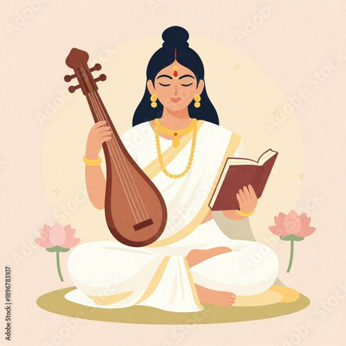 Goddess Saraswati Illustration Sitting with Veena and Book, Hindu Deity of Wisdom