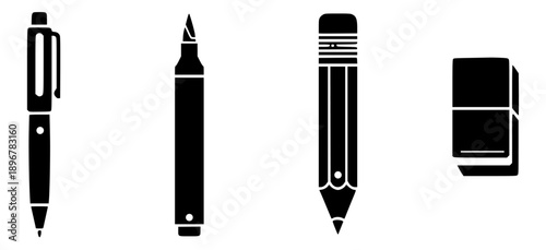 A comprehensive set of writing and drawing tools, including a pen, marker, pencil, and eraser, fundamental for educational, artistic, and professional applications