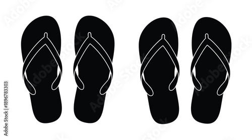 Four black flip flops displayed on a white background silhouette