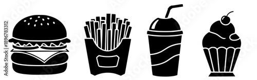 A collection of iconic fast food and dessert items, including a burger, fries, a soda, and a cupcake, presented in a clean, monochromatic silhouette style