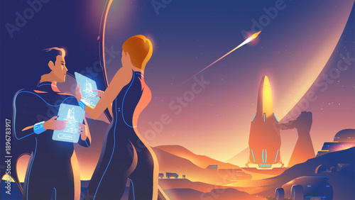 Vector illustration of Space Colony base with astronauts planning mission on holographic tablets