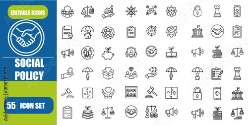 Social Policy Line Icon Set – Welfare, Government, Education, Health Care, Law & Legislation Editable Stroke Vector Illustration
