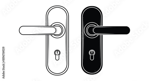 Door handle hardware set presented in black and white outline and solid silhouette styles