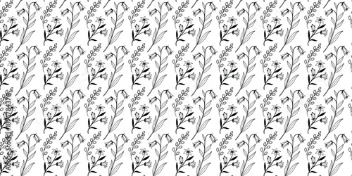 Seamless botanical leaf pattern in delicate black line art. Repeating nature foliage design ideal for wallpapers, textiles, packaging, and backgrounds. Minimal floral illustration with elegant organic